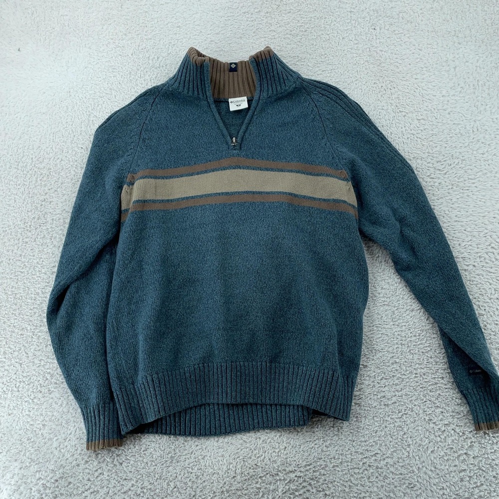 Columbia Sweater Mens Small Blue Quarter Zip Mock Neck Striped Knit Pullover